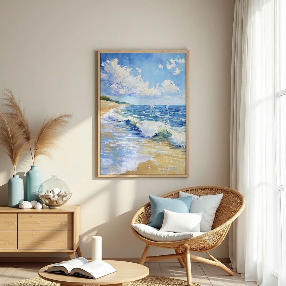 Claude Monet Waves on the Shore framed and displayed in a modern coastal-inspired living space.