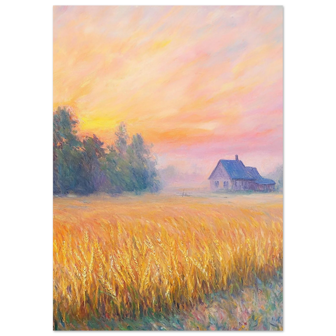 Claude Monet Wheat Field at Sunset as an unframed poster, showcasing golden wheat and soft evening light.