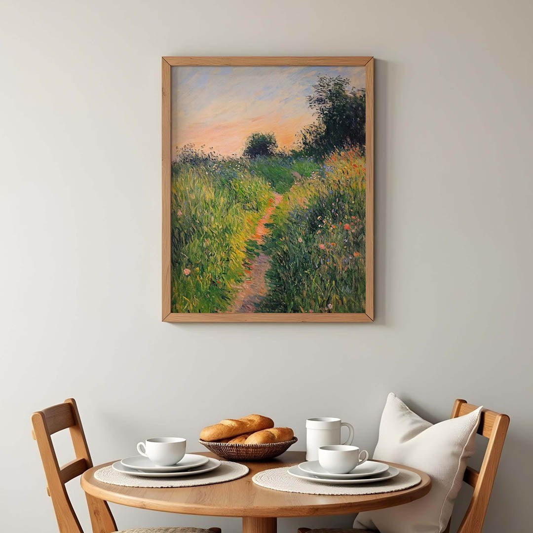 Claude Monet field path art print in a natural wood frame, showcasing a golden hour landscape filled with wildflowers and soft brushstrokes for cozy interior styling.