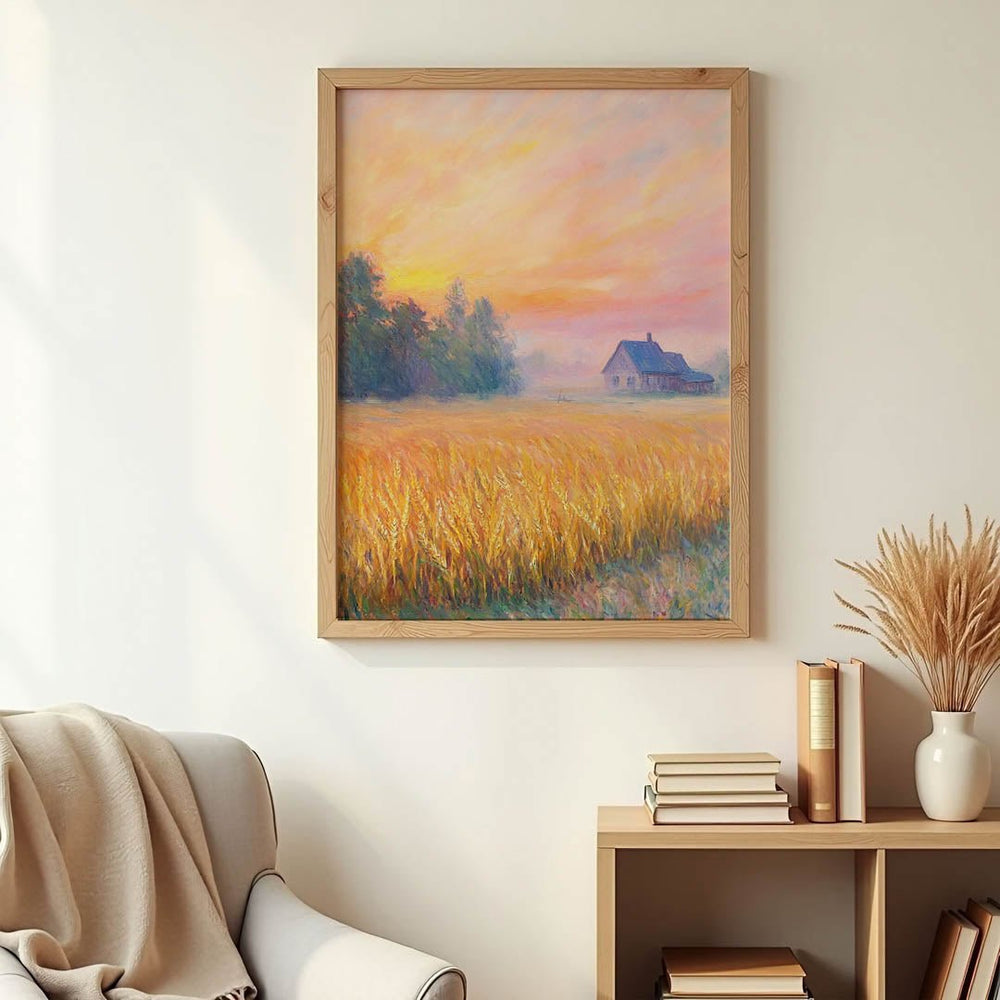 Claude Monet golden field landscape in a light wood frame, evoking peaceful countryside charm with soft impressionist brushwork and calming sunset tones.
