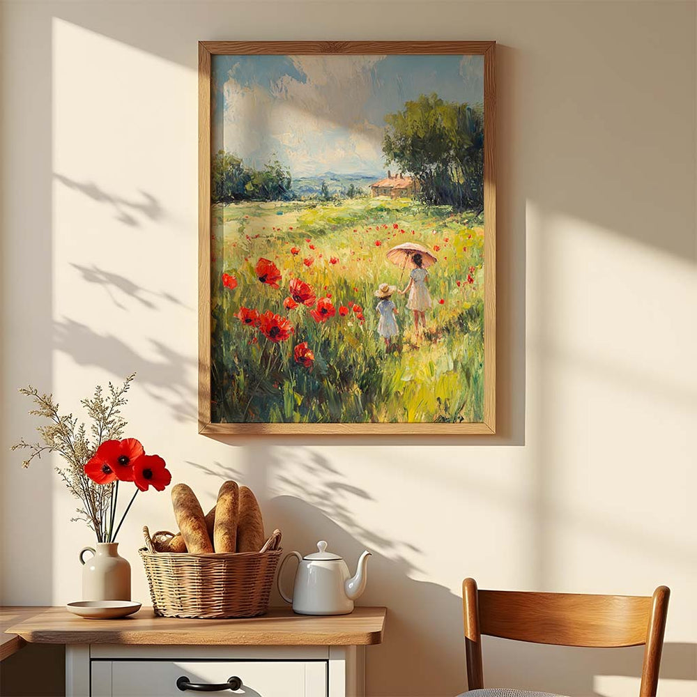 Claude Monet poppy meadow print in a natural wood frame, featuring a peaceful summer walk through blooming red flowers and green hills.