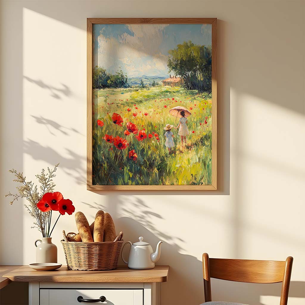 Claude Monet poppy meadow print in a natural wood frame, featuring a peaceful summer walk through blooming red flowers and green hills.