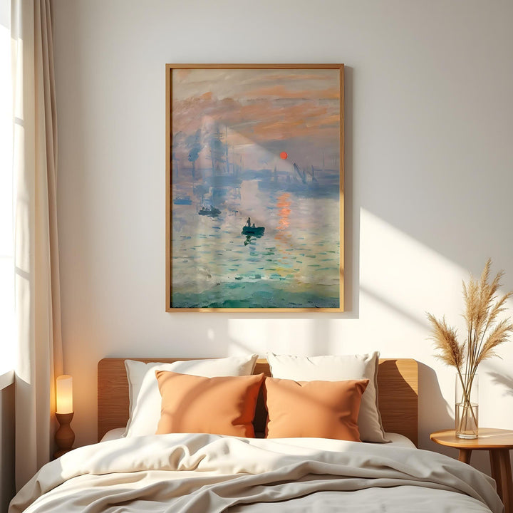 Claude Monet sunrise painting in a wooden frame, featuring boats and soft light reflections—ideal for serene and artistic wall decor.