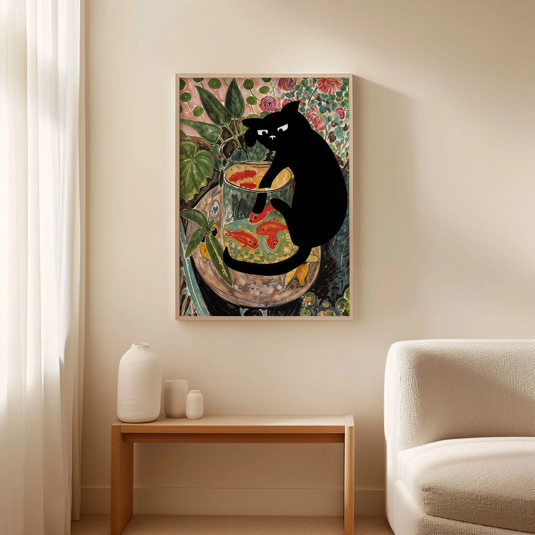 Matisse Curious Cat and Goldfish poster styled in a modern interior – Artistic framed wall art blending playful feline charm with Matisse-inspired creativity.