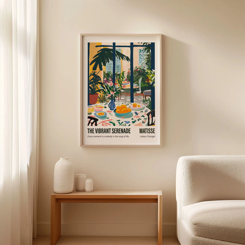 Henri Matisse The Vibrant Serenade poster styled in a modern interior – Expressive artwork of a lively dining scene with warm tones and artistic energy.