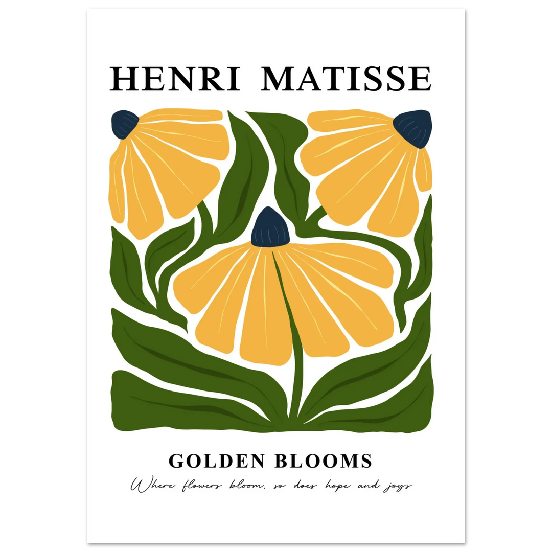 Henri Matisse Golden Blooms poster – Vibrant floral artwork featuring bold yellow flowers and lush green leaves in a modern Matisse-inspired style.