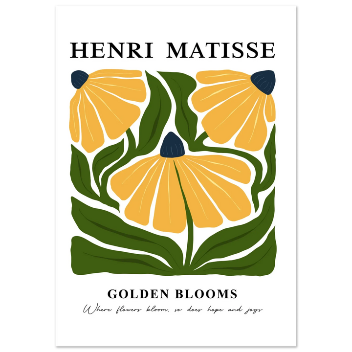 Henri Matisse Golden Blooms poster – Vibrant floral artwork featuring bold yellow flowers and lush green leaves in a modern Matisse-inspired style.