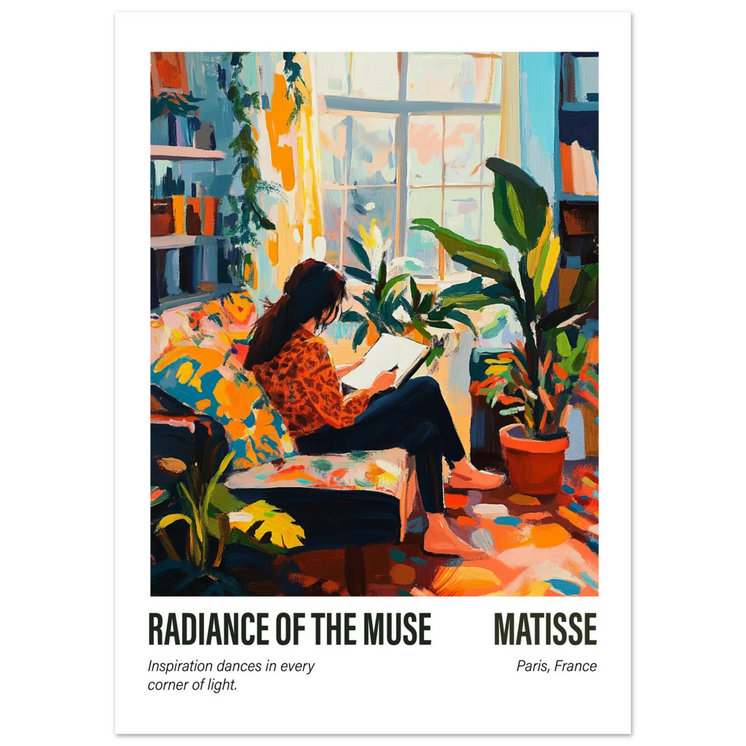 Henri Matisse Radiance of the Muse poster – Vibrant artistic wall art featuring a woman reading in a sunlit room with colorful abstract brushstrokes.