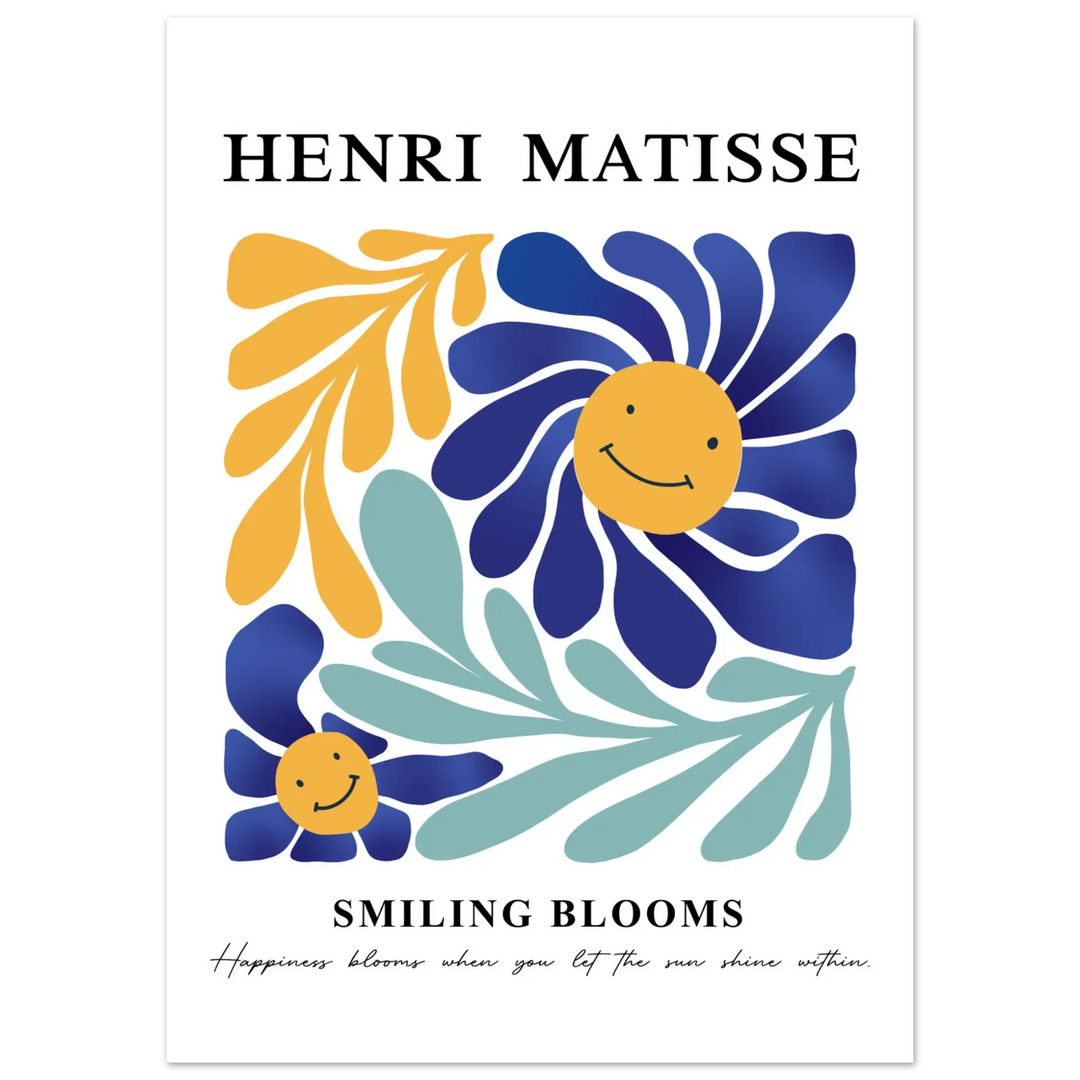 Henri Matisse Smiling Blooms poster – Playful floral wall art featuring bold blue and yellow flowers with organic shapes in a Matisse-inspired design.