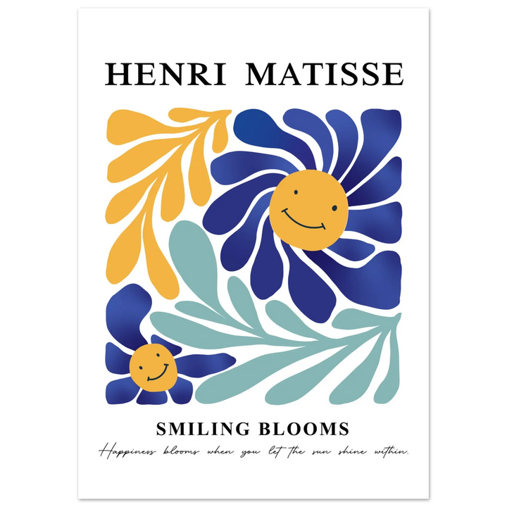 Henri Matisse Smiling Blooms poster – Playful floral wall art featuring bold blue and yellow flowers with organic shapes in a Matisse-inspired design.