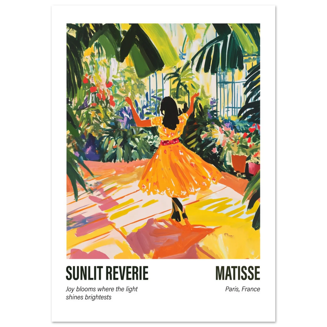 Henri Matisse Sunlit Reverie poster – Vibrant wall art featuring a woman in a yellow dress bathed in sunlight, inspired by Matisse's expressive style.