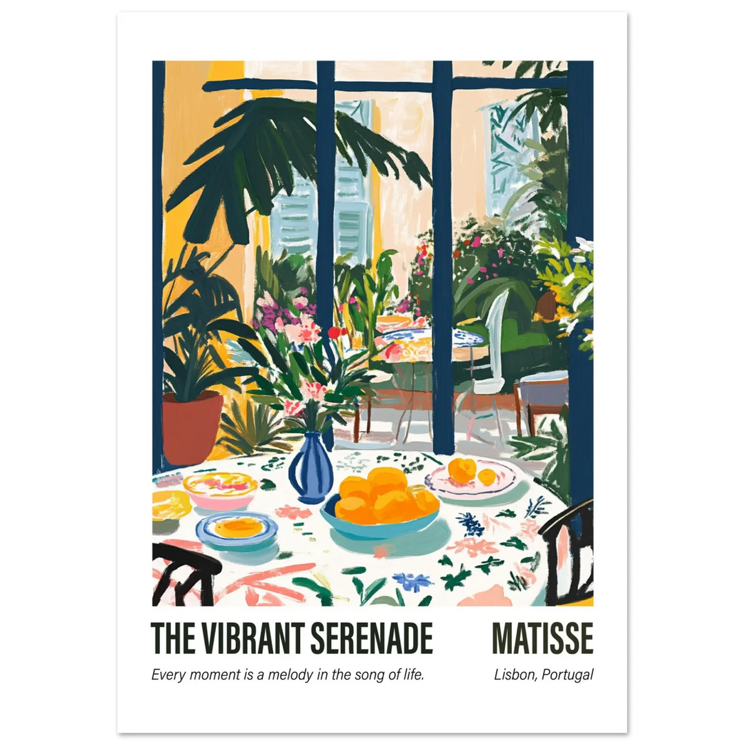 Henri Matisse The Vibrant Serenade poster – Mediterranean-inspired dining scene with lush plants, bright colors, and expressive artistic details.