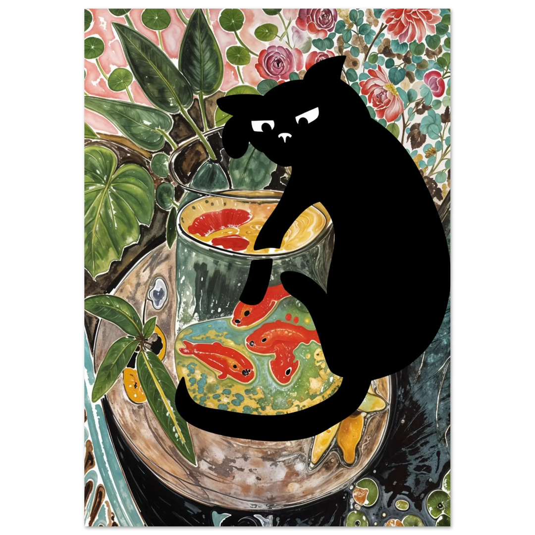 Matisse Curious Cat and Goldfish poster – Playful artistic wall art featuring a black cat and vibrant goldfish in a Henri Matisse-inspired style.