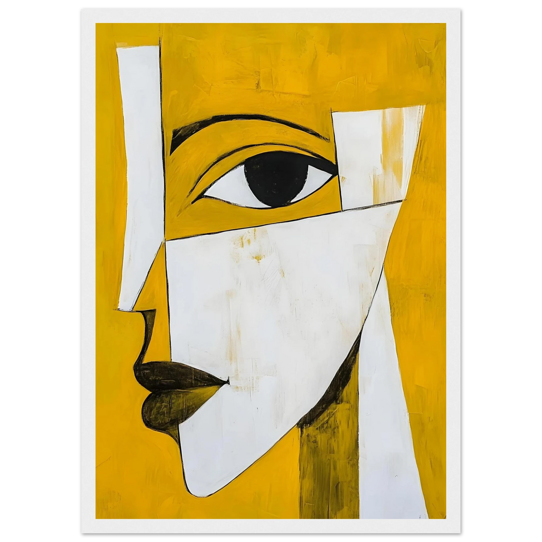 Modern cubist artwork in yellow and white, framed in white for a bright and uplifting look.