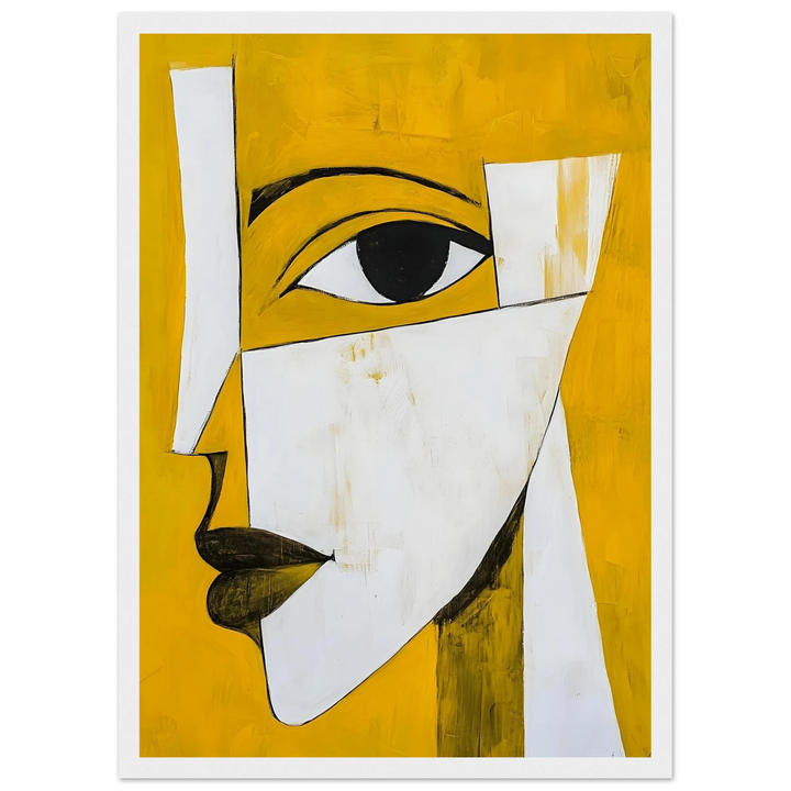 Modern cubist artwork in yellow and white, framed in white for a bright and uplifting look.