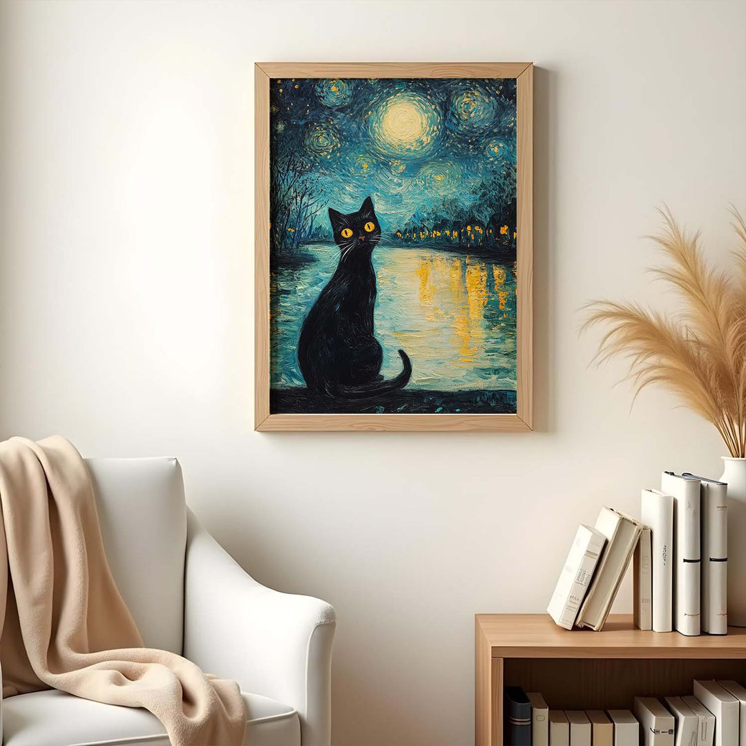 Moonlit Cat framed above a soft-toned reading chair, basking in natural light with neutral decor.