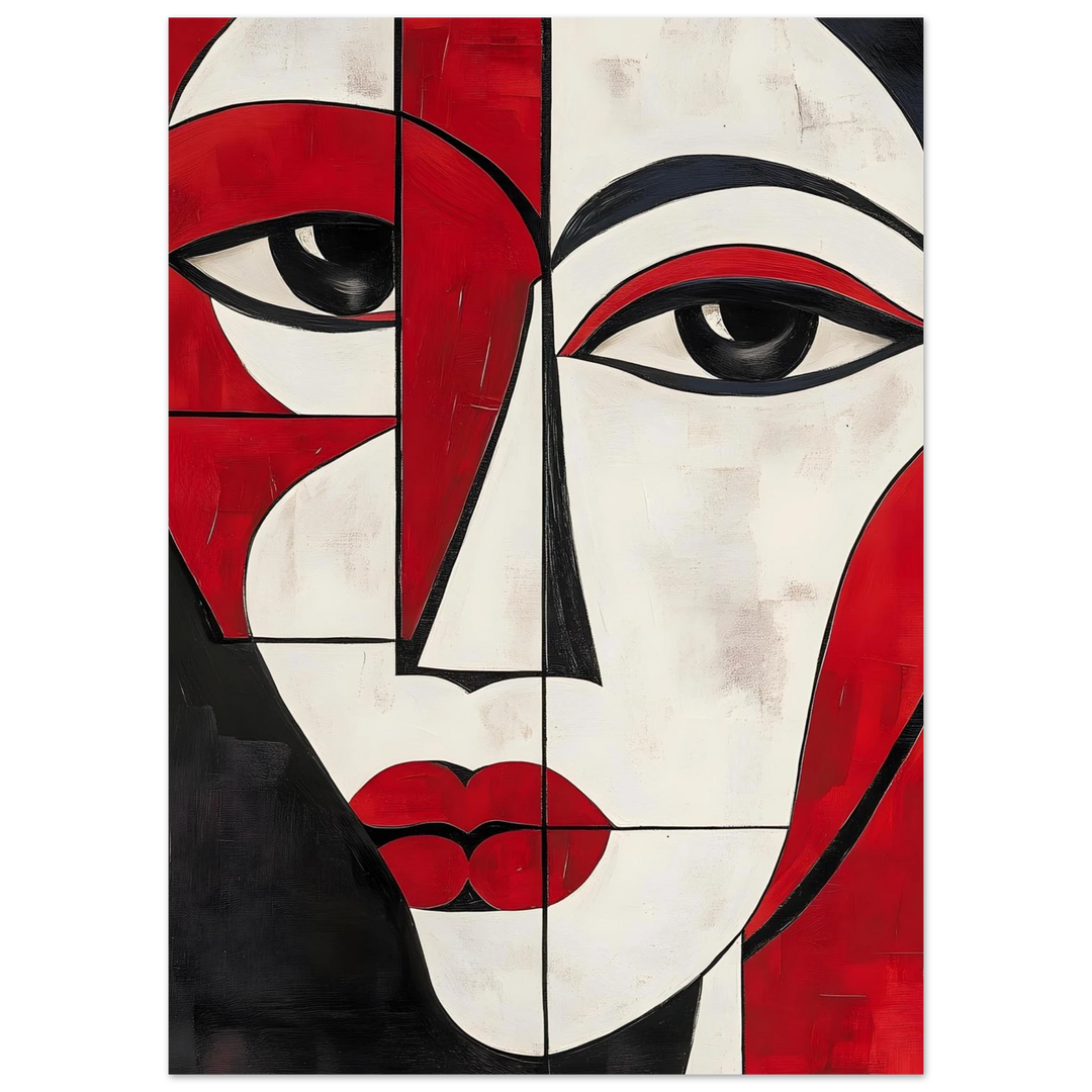 Picasso-inspired crimson cubist portrait print, expressing passion and emotional depth.