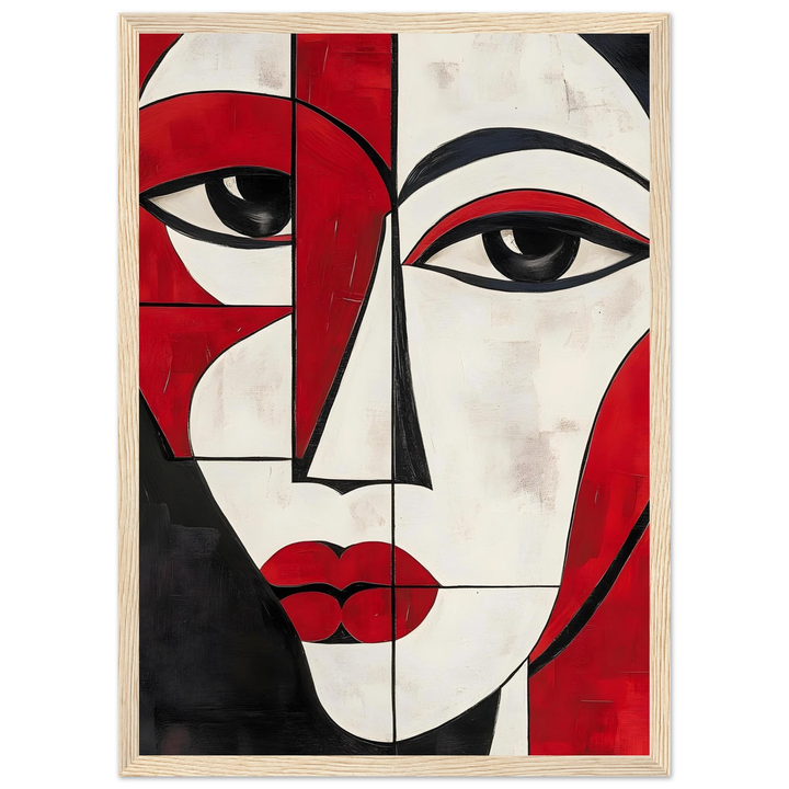 Picasso-inspired cubist portrait in red and white, framed in warm wood for a striking modern aesthetic.