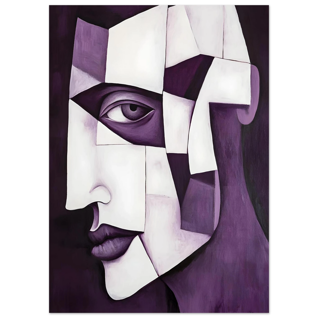 Picasso-inspired cubist portrait print in purple, symbolizing deep emotions and nostalgia.