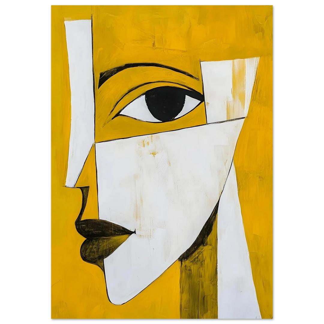 Picasso-inspired yellow cubist portrait print, representing optimism and strength.