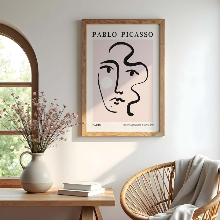 Picasso Essence of Expression poster styled in a cozy, light-filled room with natural textures and soft florals.