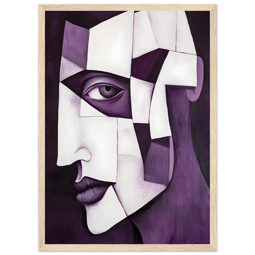 Picasso-inspired cubist portrait in purple and white, framed in warm wood for an artistic and moody effect.