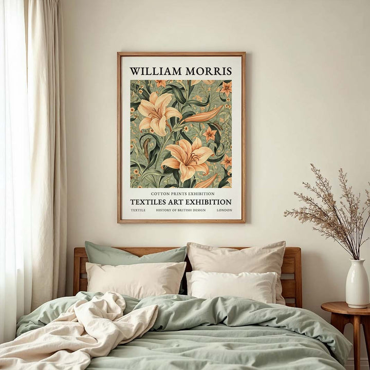 Printable William Morris lily flower pattern, vintage arts and crafts botanical poster for floral home decor, digital download wall art in classic style.