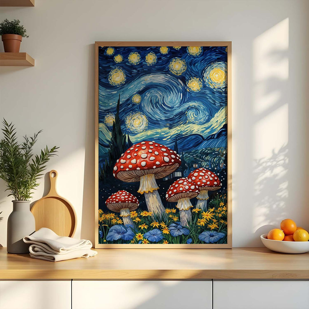 Starry Mushrooms framed in a cozy kitchen nook with natural lighting and organic decor elements.