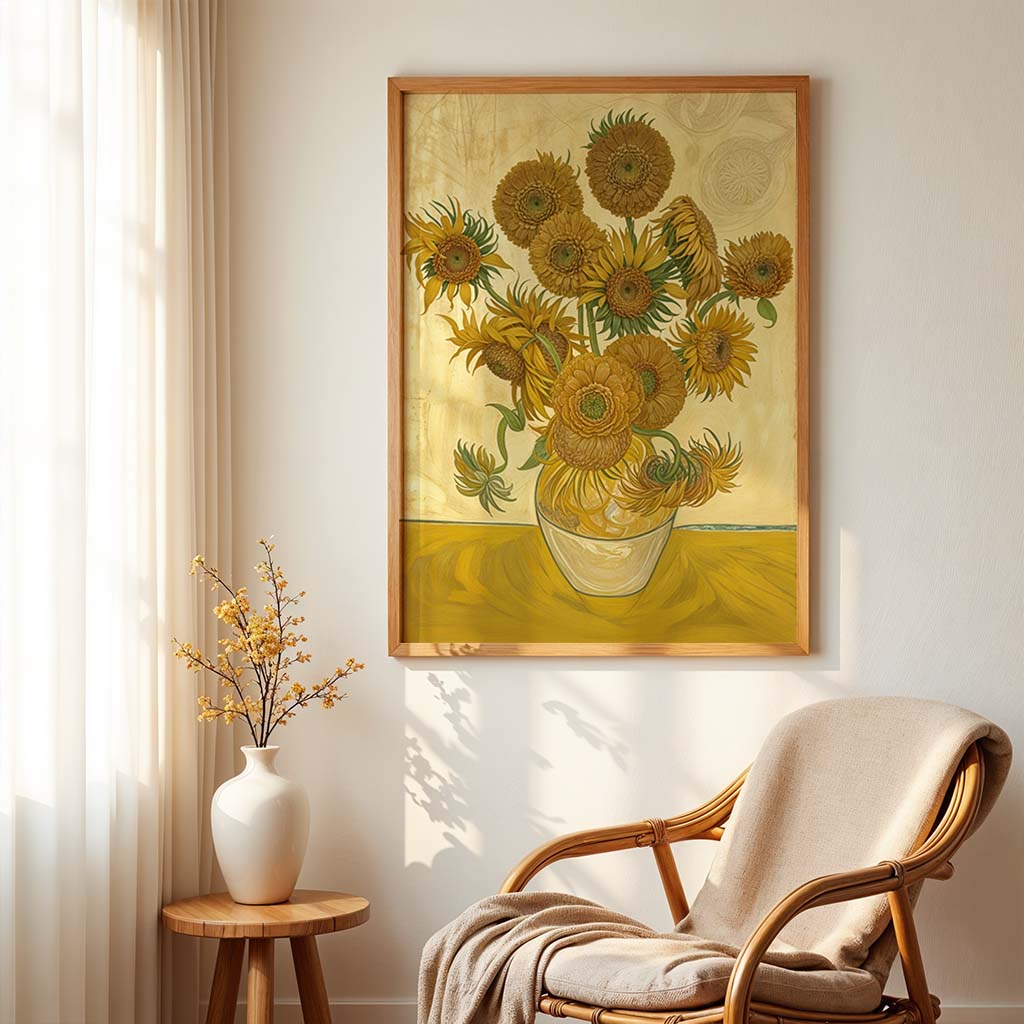 Sunflowers (1888) framed and displayed in a bright reading corner with wooden tones and soft natural light.