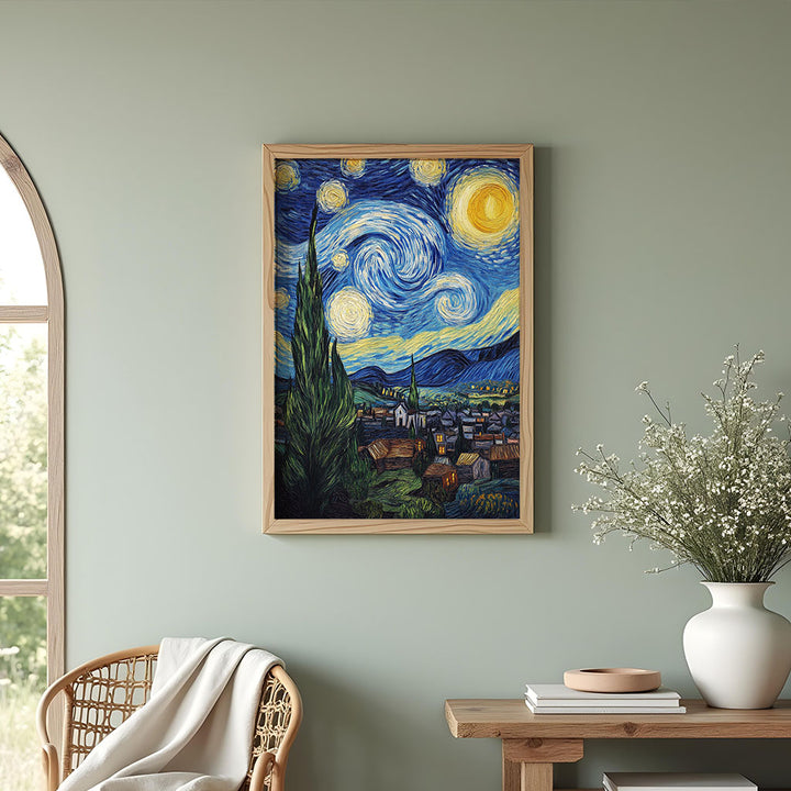 The Starry Night (1889) framed in a serene modern interior with soft green walls and natural light.