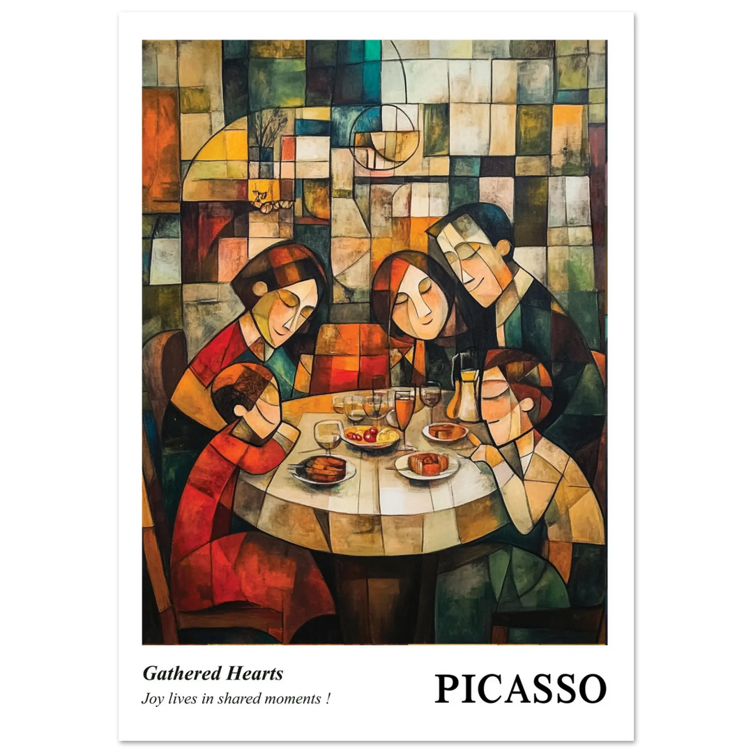 Affordable family dinner scene art with a cubist touch