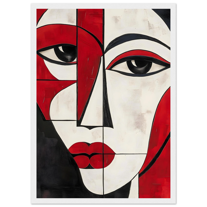 Vibrant red Picasso-style artwork, framed in white for a bold yet refined artistic statement.