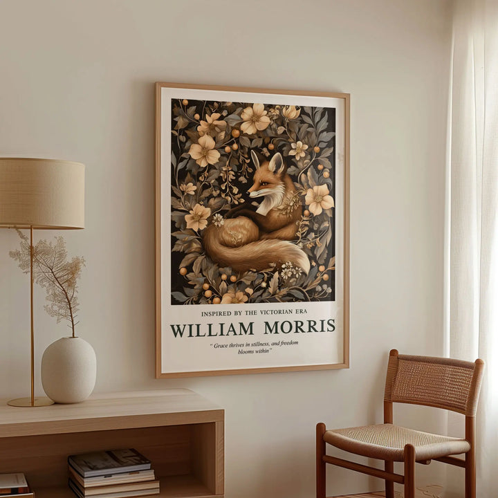 Mockup of William Morris Grace Within poster in a modern room setting, featuring a fox resting among delicate floral patterns, framed in natural wood to bring Victorian elegance to any space.