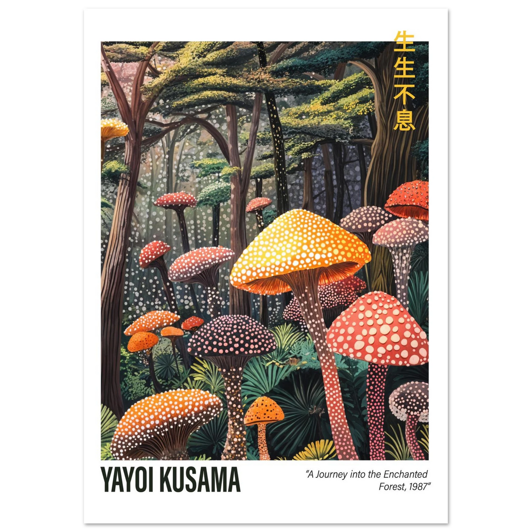 Yayoi Kusama-inspired mushroom forest poster, unframed, offering a vibrant and artistic touch for contemporary or eclectic decor styles.