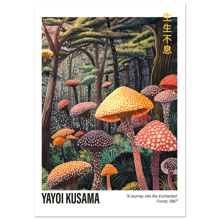 Yayoi Kusama-inspired mushroom forest poster, unframed, offering a vibrant and artistic touch for contemporary or eclectic decor styles.