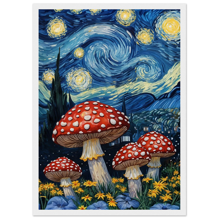 Starry Mushrooms in a white frame, softening the surreal scene while keeping its vibrant energy.