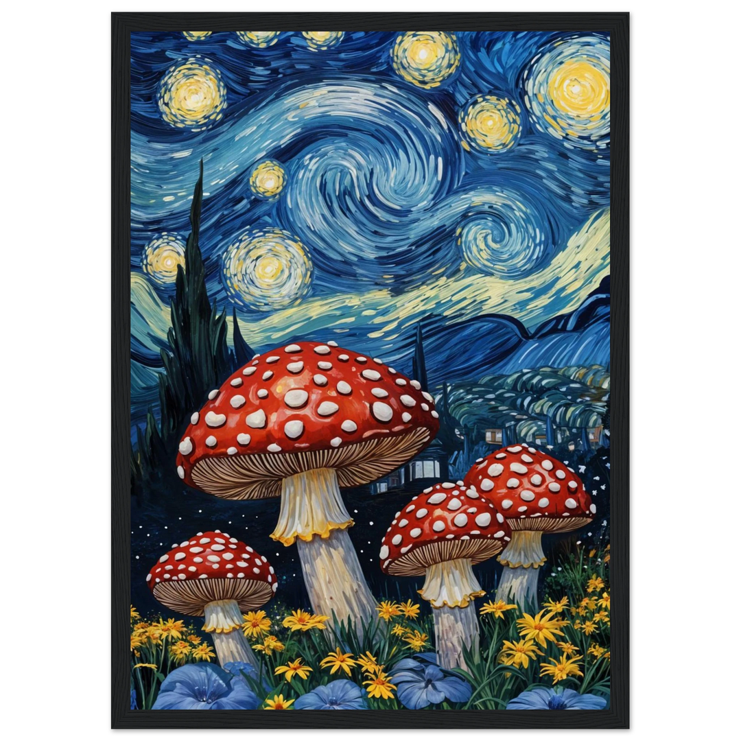  Starry Mushrooms in a black frame, enhancing the contrast between the night sky and the mushrooms.