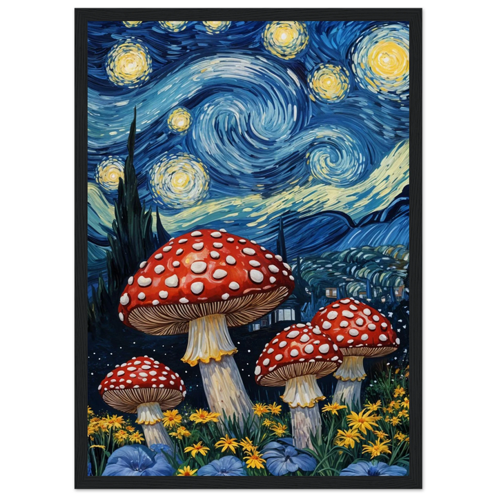  Starry Mushrooms in a black frame, enhancing the contrast between the night sky and the mushrooms.