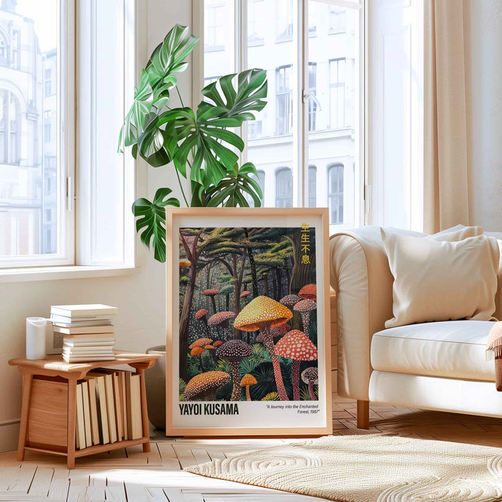 Framed Yayoi Kusama-inspired poster featuring a polka-dot mushroom forest, styled in a cozy, light-filled living space with natural decor elements.