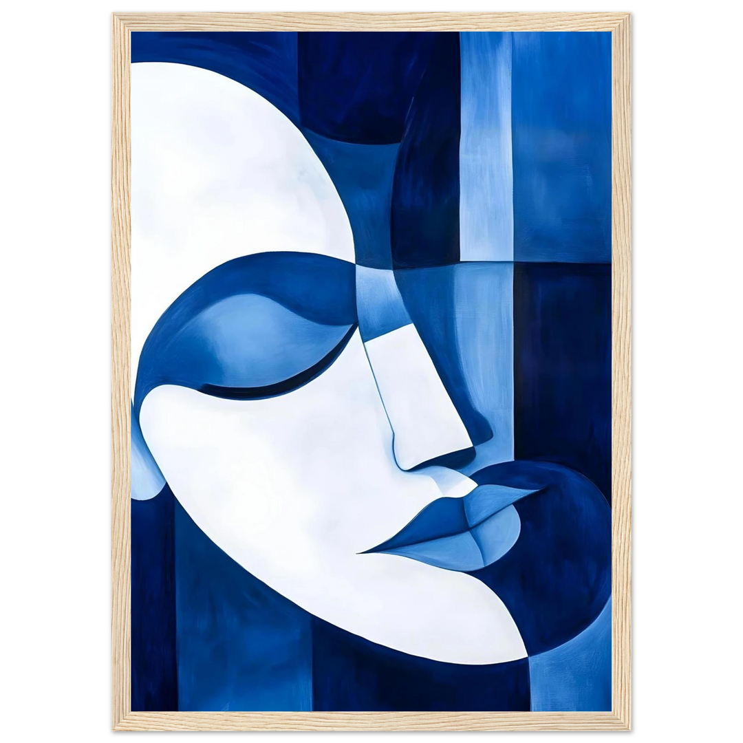 Picasso-inspired cubist portrait in calming blue, framed in warm wood for a peaceful and elegant look.