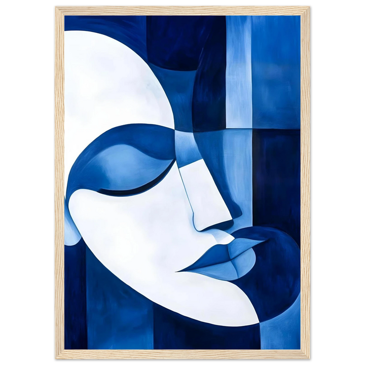 Picasso-inspired cubist portrait in calming blue, framed in warm wood for a peaceful and elegant look.