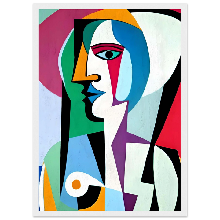 Picasso Colorful Perspective in a white frame, vibrant abstract cubist wall art for creative spaces.