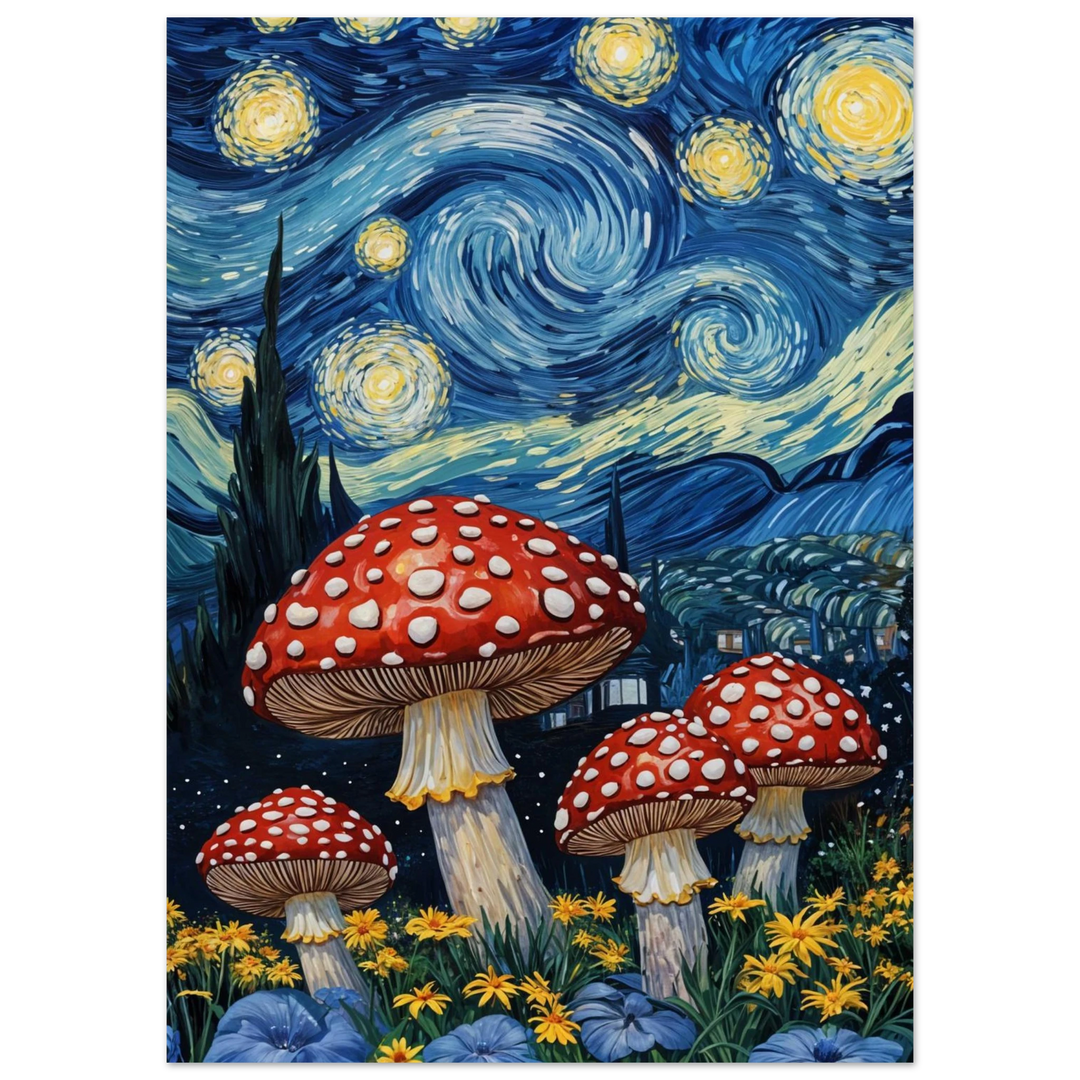 Starry Mushrooms as an unframed print, showing magical red mushrooms under a swirling night sky.