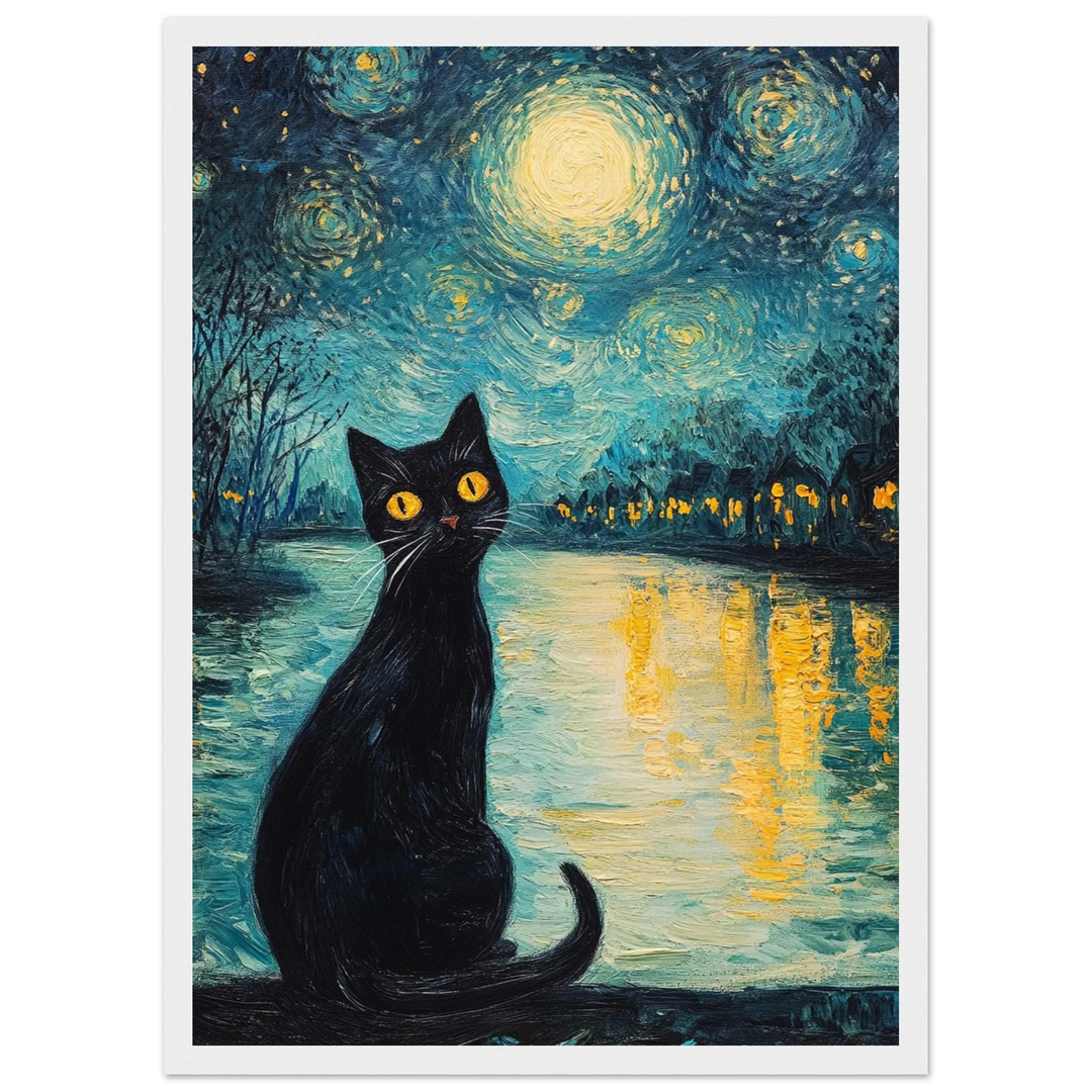 Moonlit Cat in a white frame, bringing softness to the starry scene and its central figure.