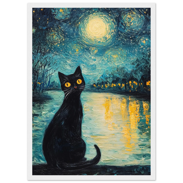 Moonlit Cat in a white frame, bringing softness to the starry scene and its central figure.