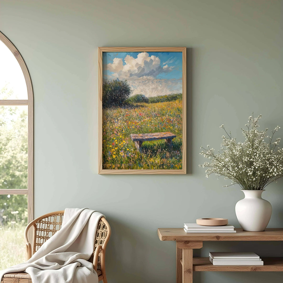 Claude Monet inspired wildflower landscape with a wooden bench, framed in light oak, evoking calm and countryside charm.