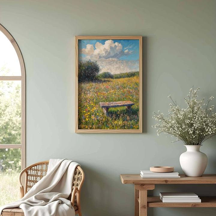 Claude Monet inspired wildflower landscape with a wooden bench, framed in light oak, evoking calm and countryside charm.