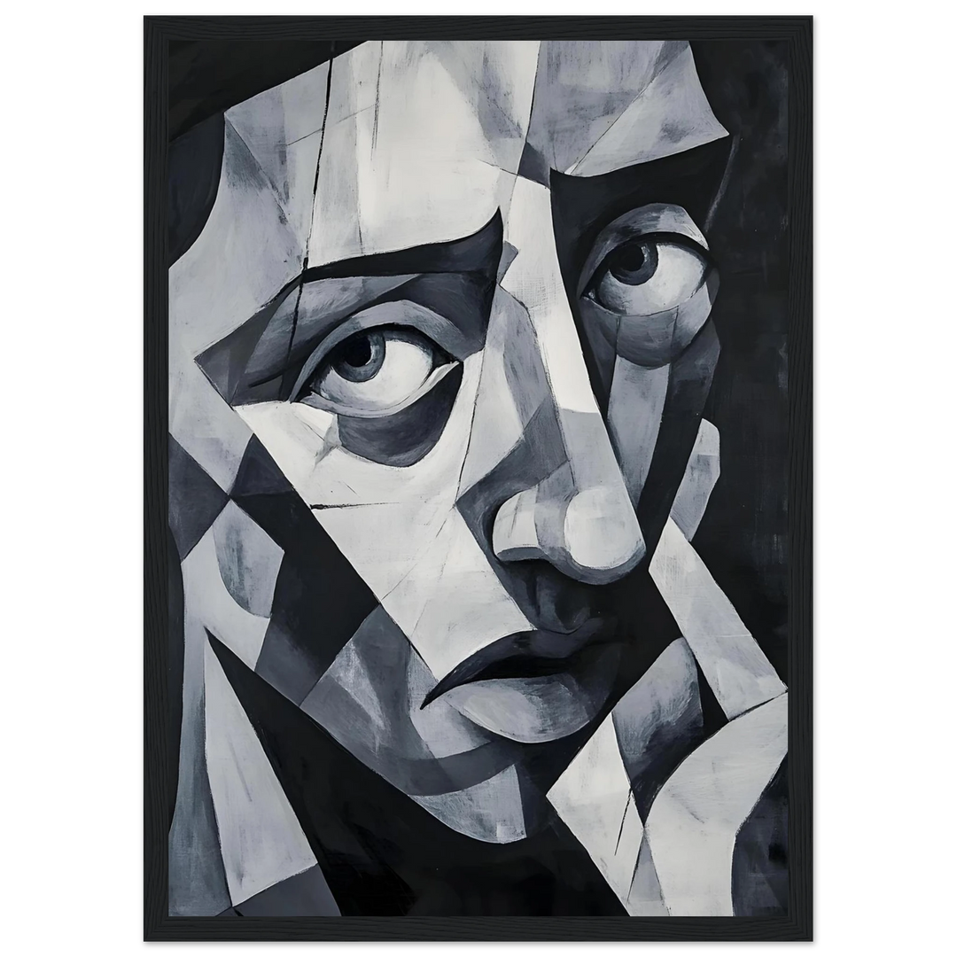 Abstract Picasso-style monochrome artwork, framed in black for a bold and striking artistic statement.