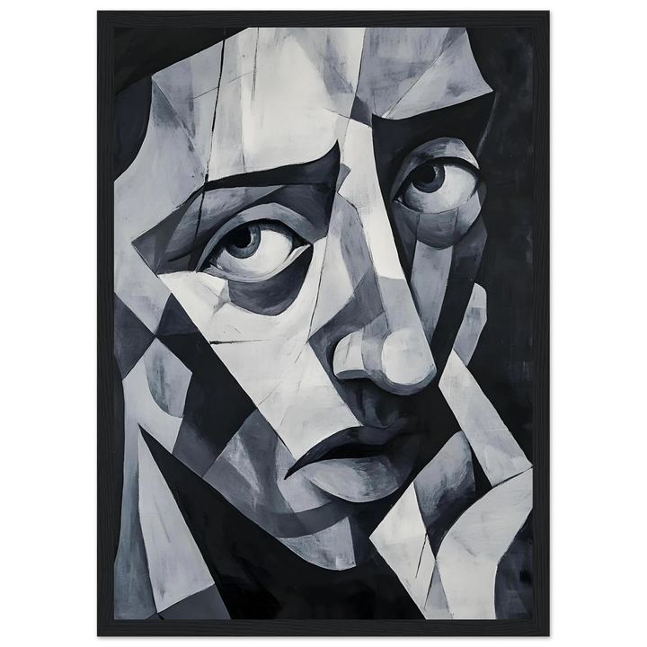 Abstract Picasso-style monochrome artwork, framed in black for a bold and striking artistic statement.