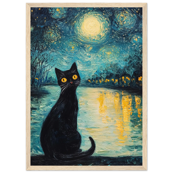 Moonlit Cat in a natural wood frame, blending elegance and warmth with its starry reflections.